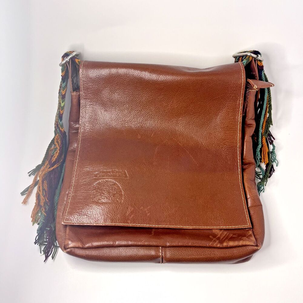 Arte Kuna Colombia Brown Shoulder Bag with Woven Multicolor Strap & Fringe